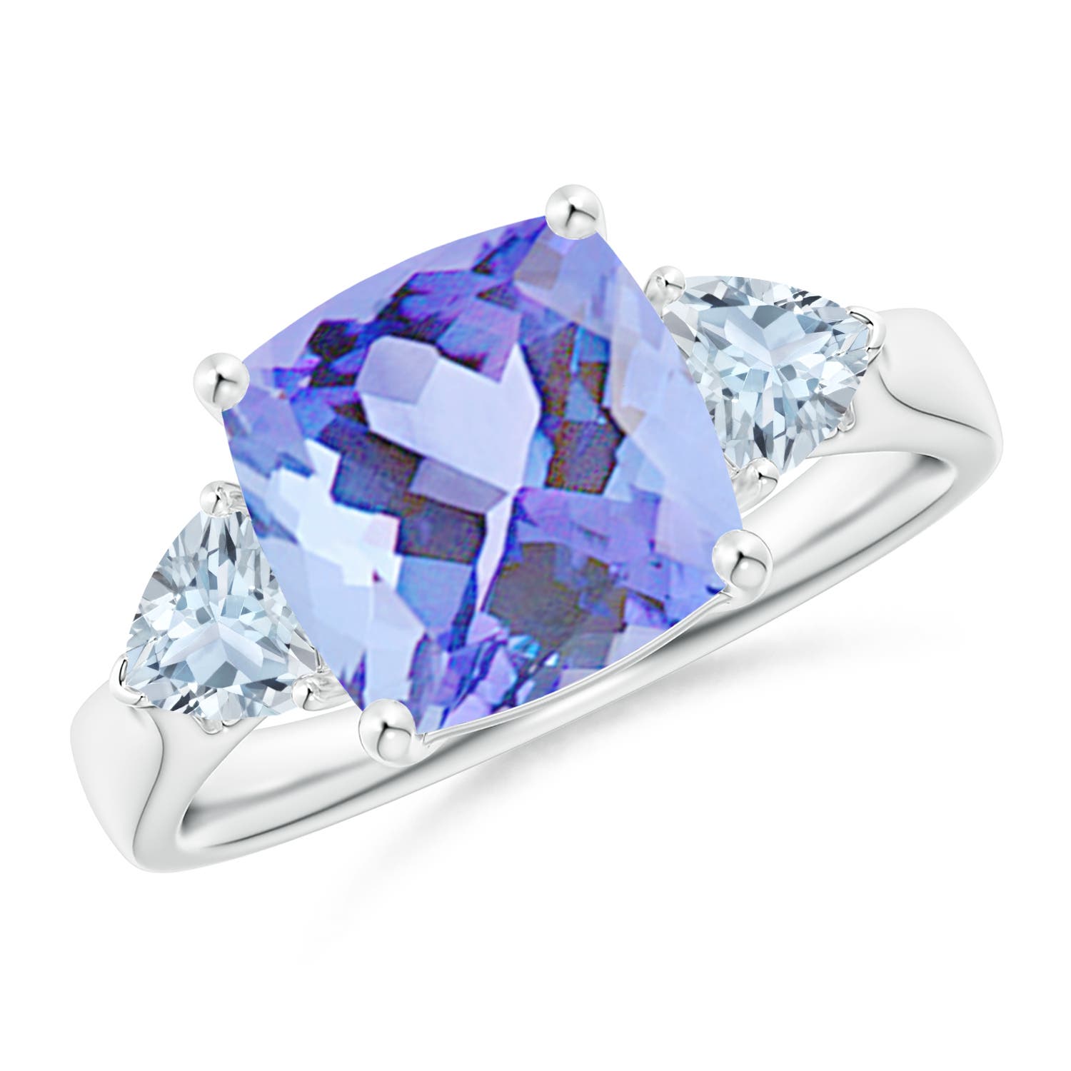 9mm A Cushion Tanzanite and Trillion Aquamarine Three Stone Ring in P950 Platinum