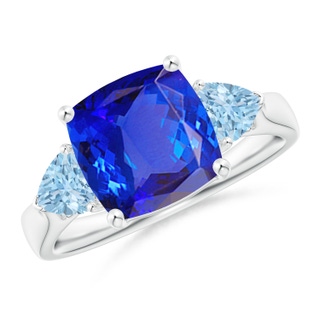 9mm AAA Cushion Tanzanite and Trillion Aquamarine Three Stone Ring in P950 Platinum