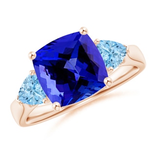 9mm AAAA Cushion Tanzanite and Trillion Aquamarine Three Stone Ring in Rose Gold