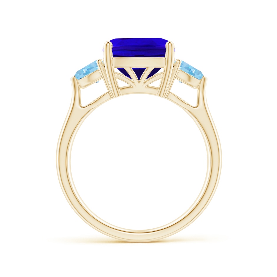 9mm AAAA Cushion Tanzanite and Trillion Aquamarine Three Stone Ring in Yellow Gold side 1