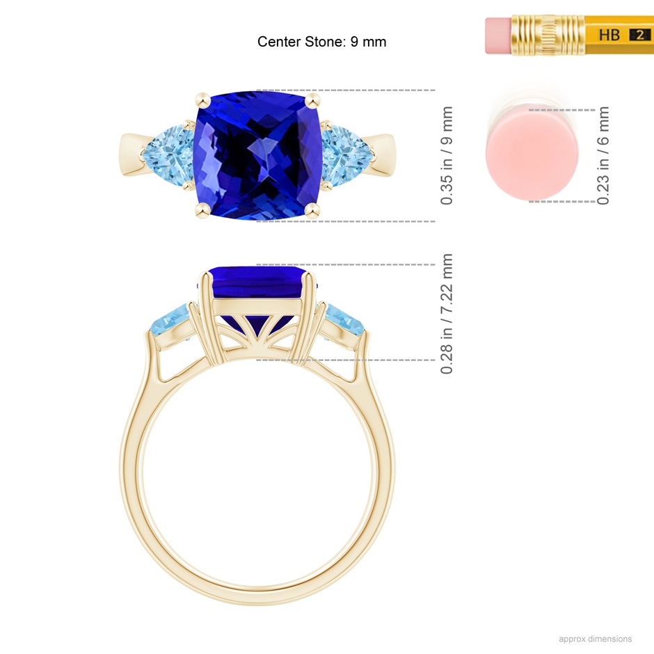 9mm AAAA Cushion Tanzanite and Trillion Aquamarine Three Stone Ring in Yellow Gold ruler