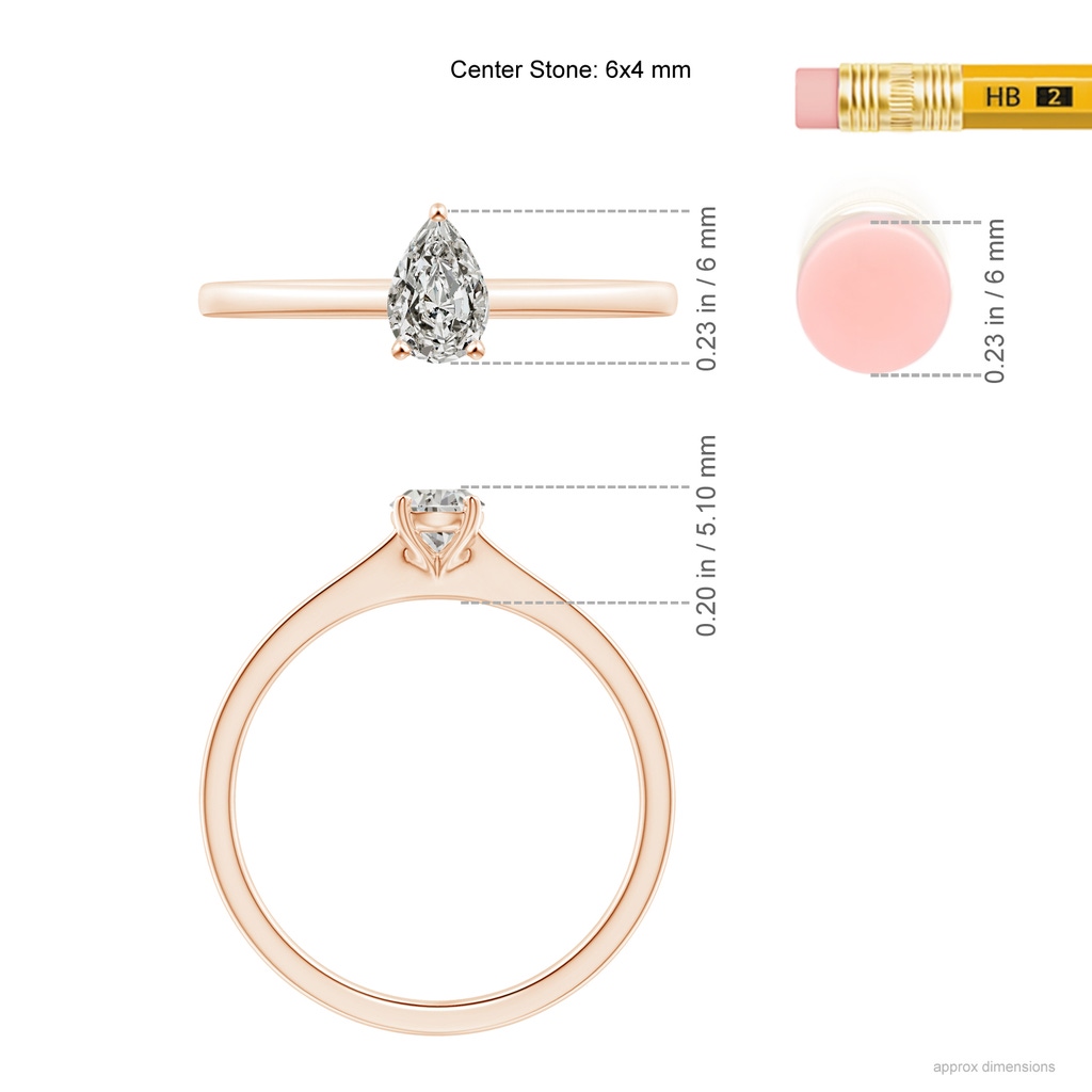 6x4mm KI3 Pear-Shaped Diamond Solitaire Engagement Ring in Rose Gold Ruler