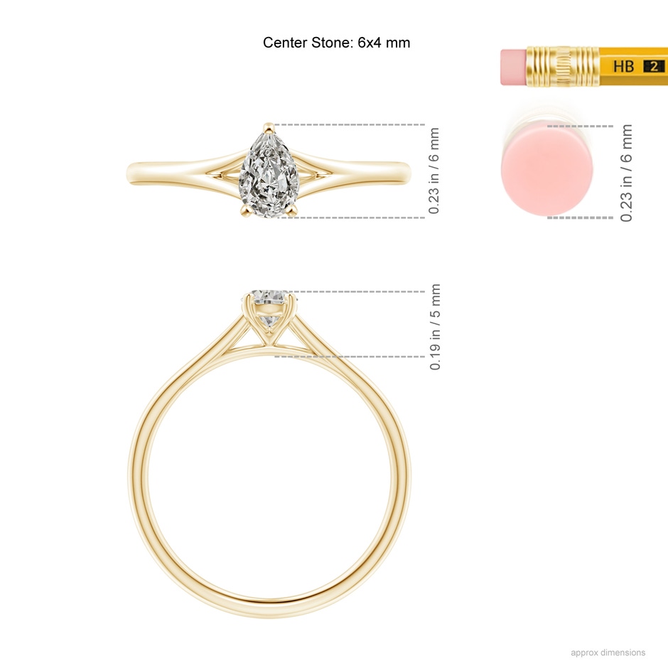 6x4mm KI3 Pear-Shaped Diamond Solitaire Split Shank Engagement Ring in Yellow Gold ruler