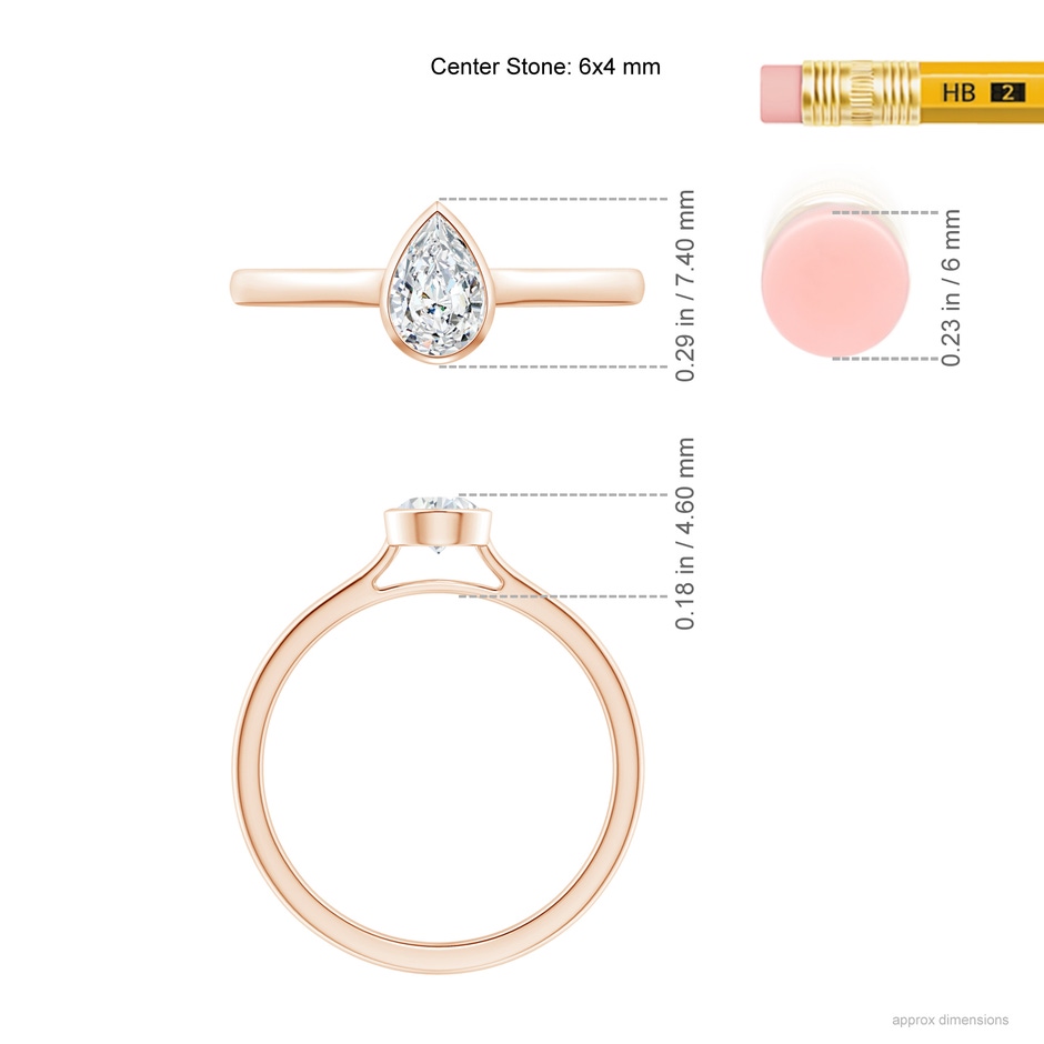 6x4mm GVS2 Bezel-Set Solitaire Pear-Shaped Diamond Engagement Ring in Rose Gold ruler