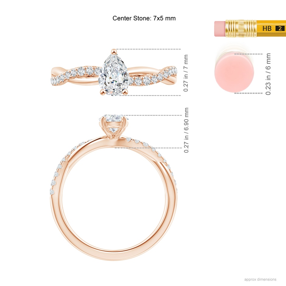 7x5mm GVS2 Solitaire Pear-Shaped Diamond Twisted Shank Engagement Ring in Rose Gold ruler