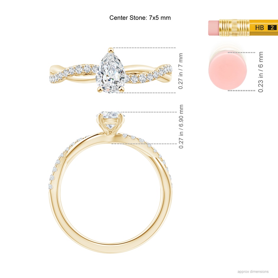 7x5mm GVS2 Solitaire Pear-Shaped Diamond Twisted Shank Engagement Ring in Yellow Gold ruler
