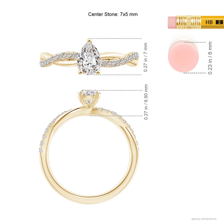 7x5mm IJI1I2 Solitaire Pear-Shaped Diamond Twisted Shank Engagement Ring in Yellow Gold ruler
