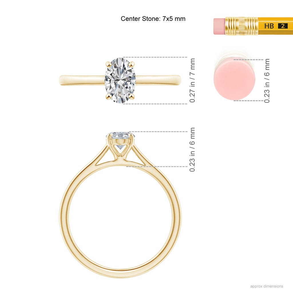 7x5mm HSI2 Solitaire Oval Diamond Cathedral Engagement Ring in Yellow Gold Ruler