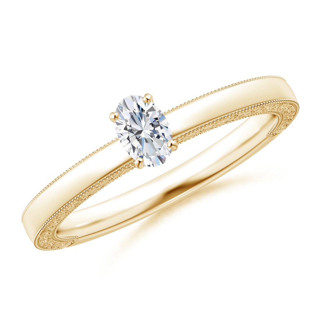 5x3mm GVS2 Oval Diamond Solitaire Engraved Shank Engagement Ring in Yellow Gold