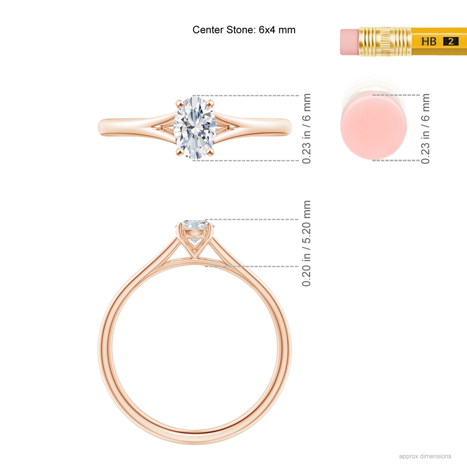 6x4mm GVS2 Oval Diamond Solitaire Split Shank Engagement Ring in Rose Gold ruler