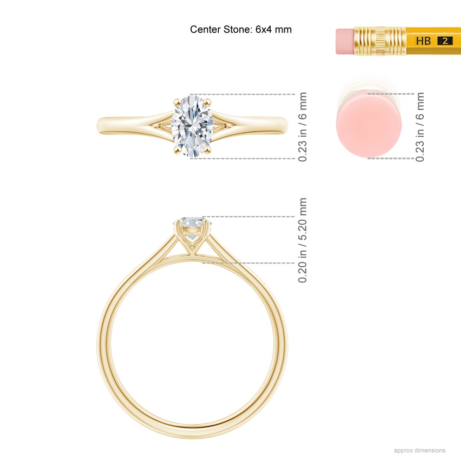 6x4mm GVS2 Oval Diamond Solitaire Split Shank Engagement Ring in Yellow Gold ruler