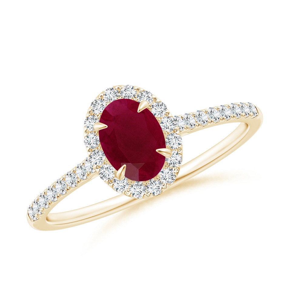 6x4mm A Oval Ruby Halo Engagement Ring in Yellow Gold 