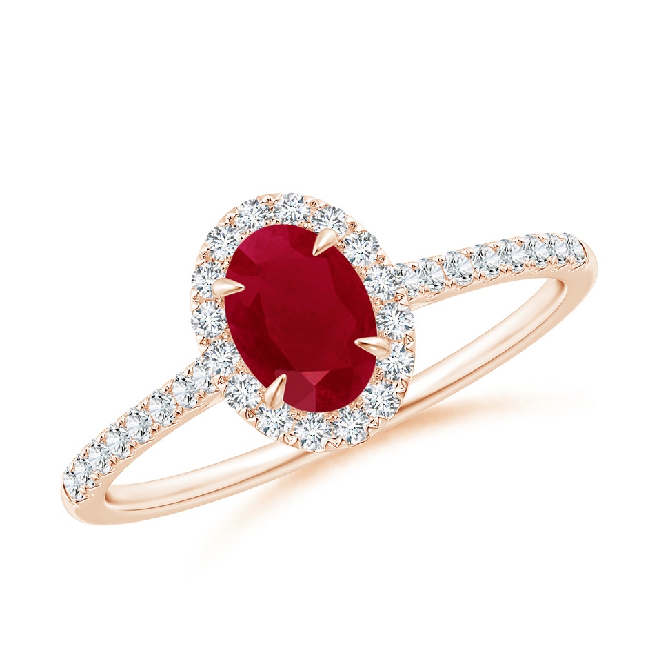 6x4mm AA Oval Ruby Halo Engagement Ring in Rose Gold 
