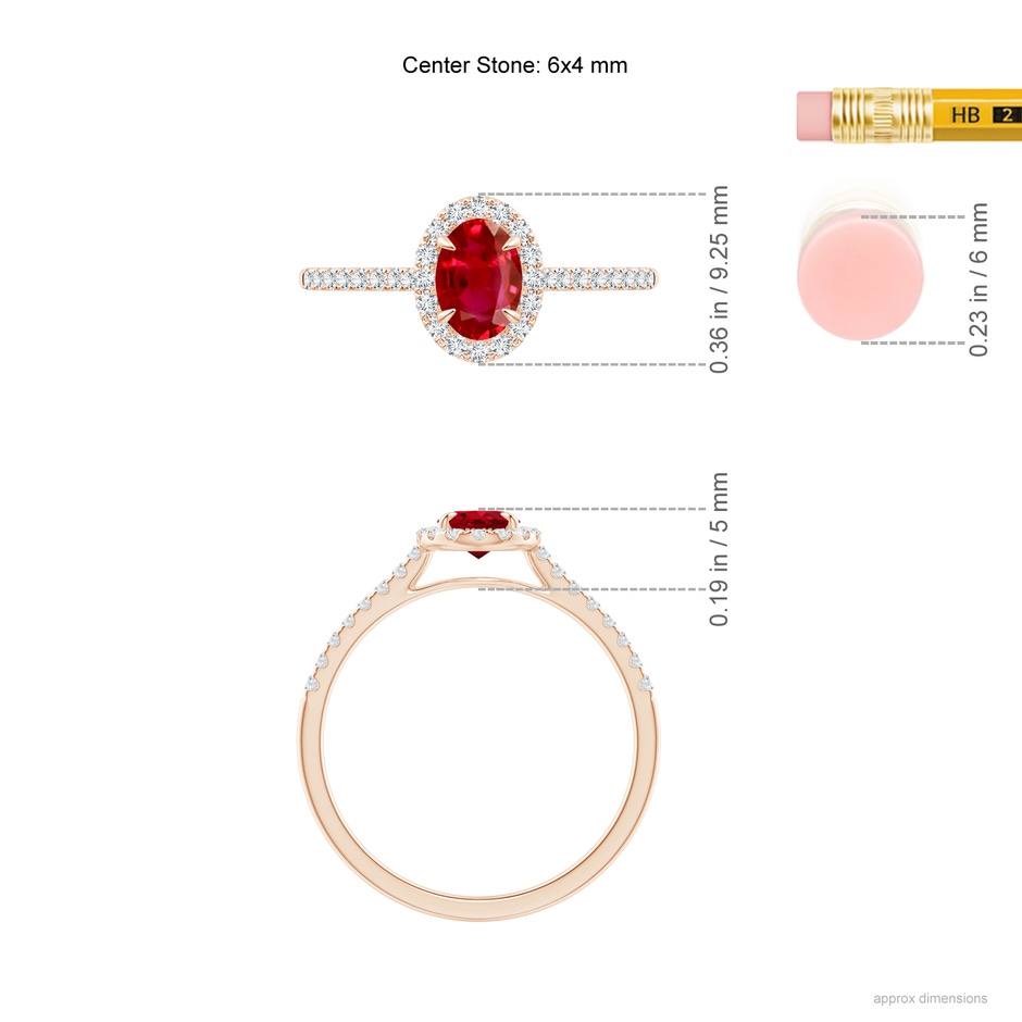 6x4mm AAA Oval Ruby Halo Engagement Ring in Rose Gold ruler