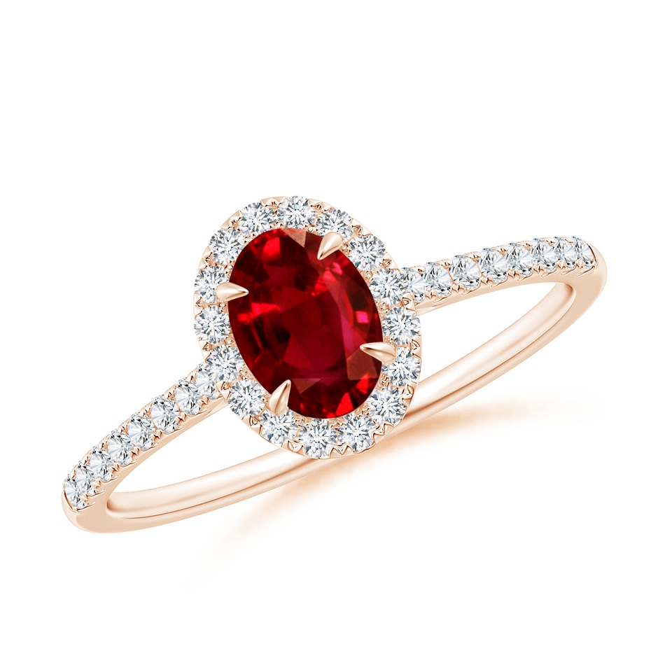 6x4mm Lab-Grown Oval Ruby Halo Engagement Ring in Rose Gold 