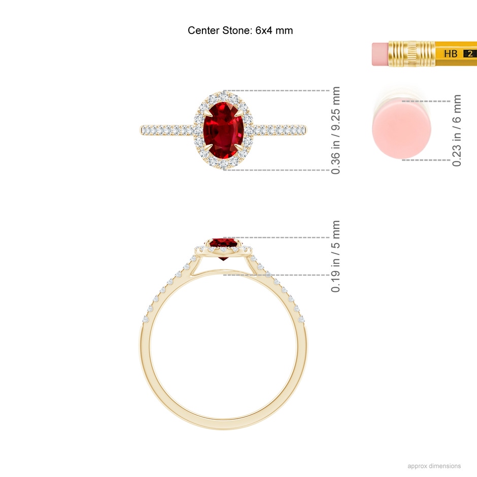 6x4mm AAAA Oval Ruby Halo Engagement Ring in Yellow Gold ruler