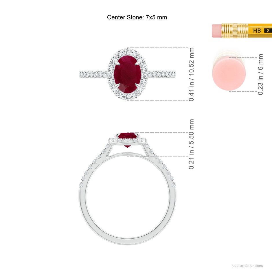 7x5mm A Oval Ruby Halo Engagement Ring in White Gold ruler