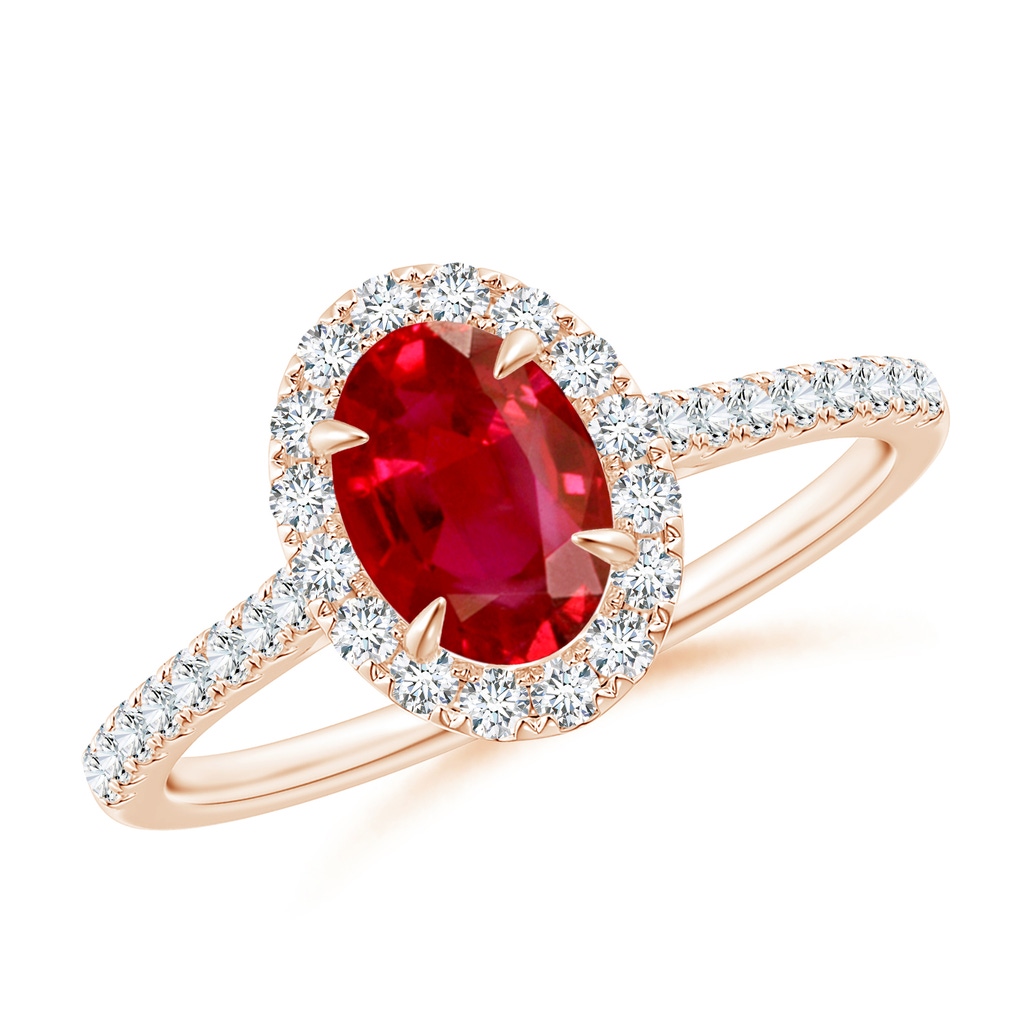 7x5mm AAA Oval Ruby Halo Engagement Ring in Rose Gold