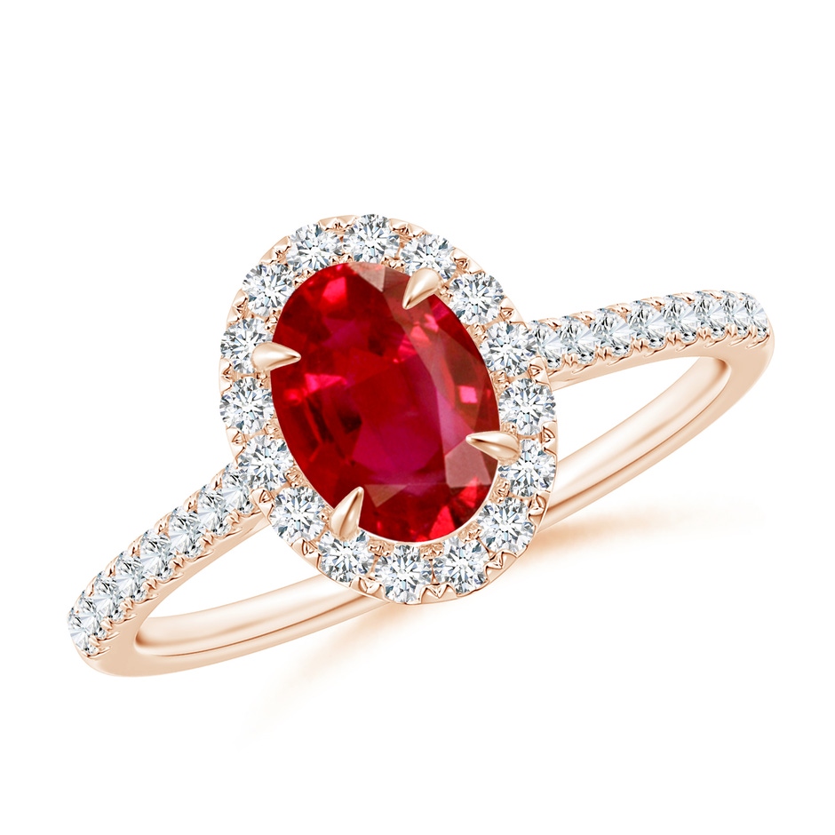 7x5mm AAA Oval Ruby Halo Engagement Ring in Rose Gold 