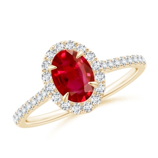7x5mm AAA Oval Ruby Halo Engagement Ring in Yellow Gold