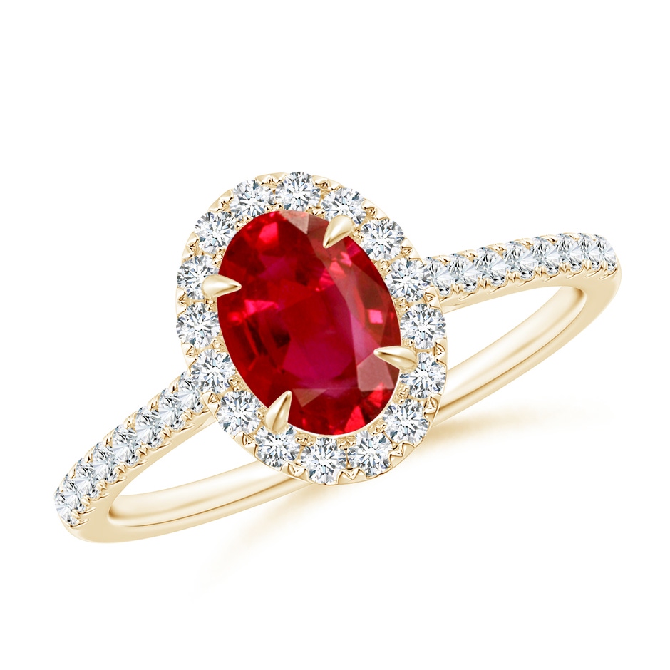7x5mm AAA Oval Ruby Halo Engagement Ring in Yellow Gold 