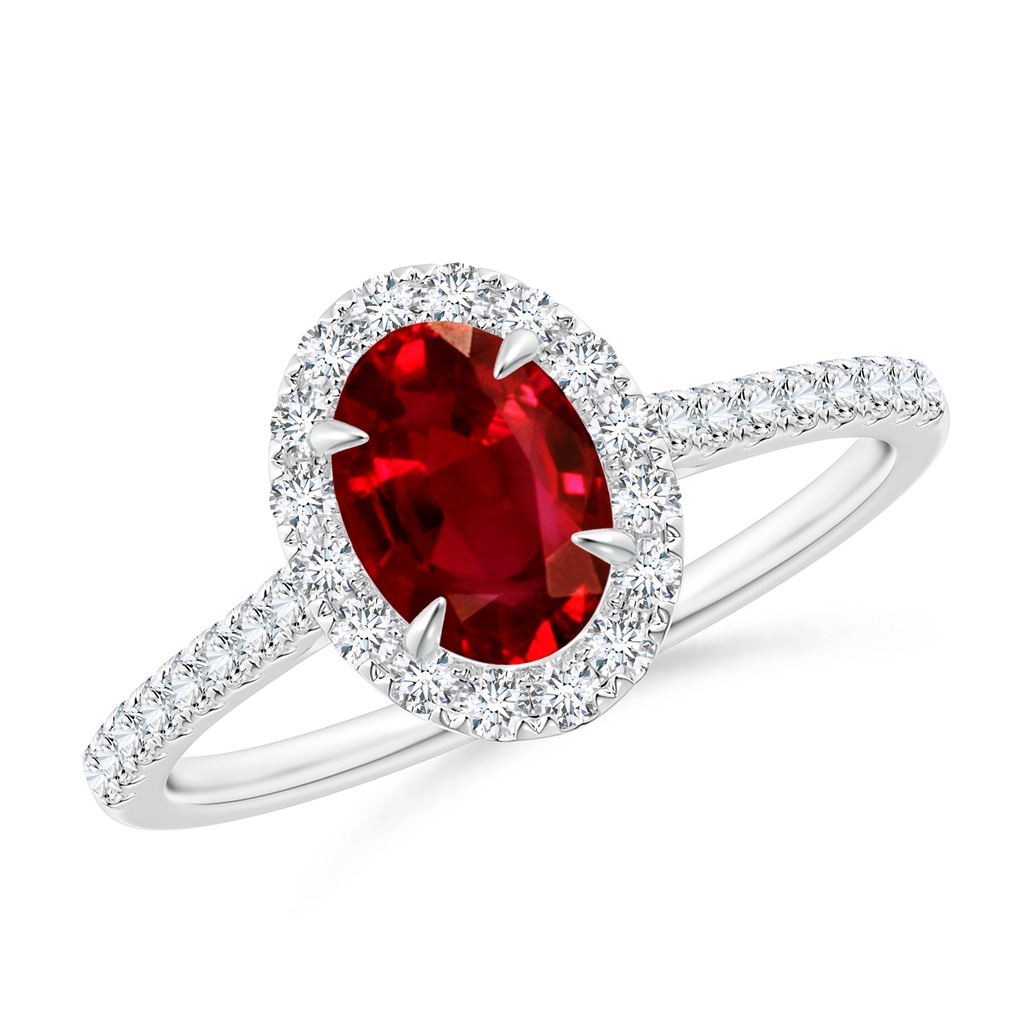 7x5mm Lab-Grown Oval Ruby Halo Engagement Ring in White Gold