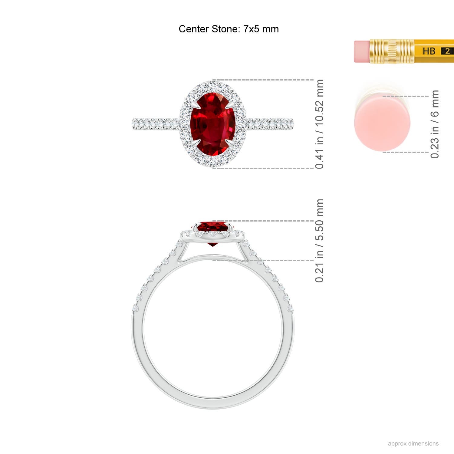 7x5mm AAAA Oval Ruby Halo Engagement Ring in White Gold - ruler