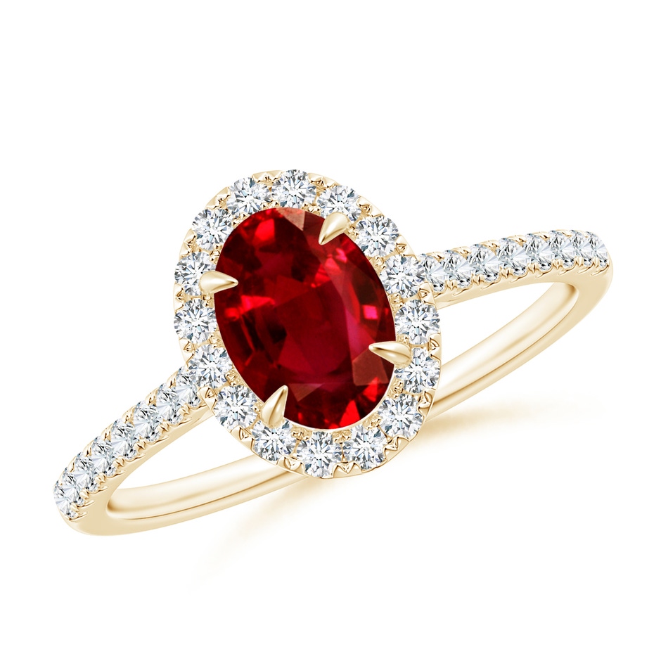 7x5mm Lab-Grown Oval Ruby Halo Engagement Ring in Yellow Gold 
