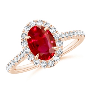 8x6mm AAA Oval Ruby Halo Engagement Ring in 9K Rose Gold
