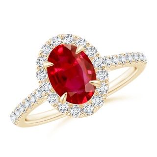 8x6mm AAA Oval Ruby Halo Engagement Ring in Yellow Gold