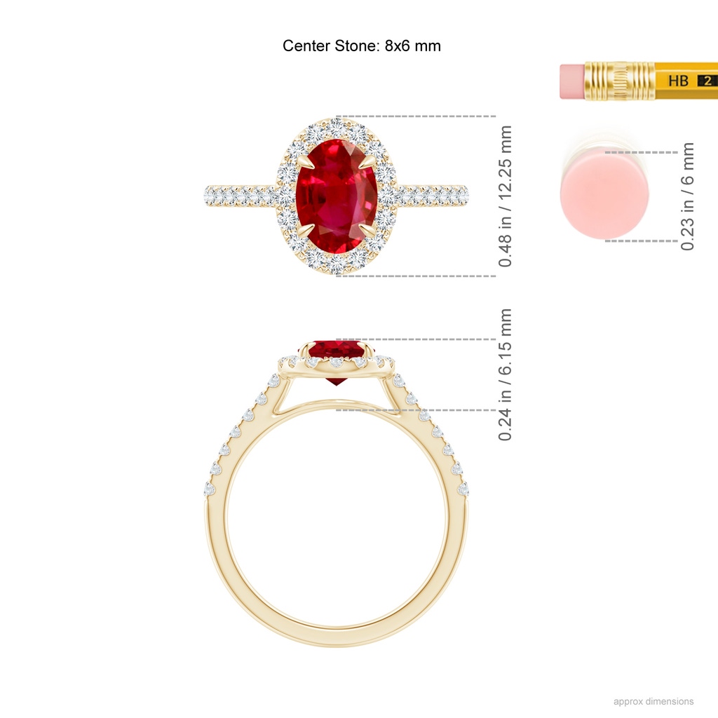 8x6mm AAA Oval Ruby Halo Engagement Ring in Yellow Gold Ruler