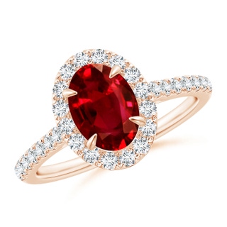 8x6mm AAAA Oval Ruby Halo Engagement Ring in Rose Gold