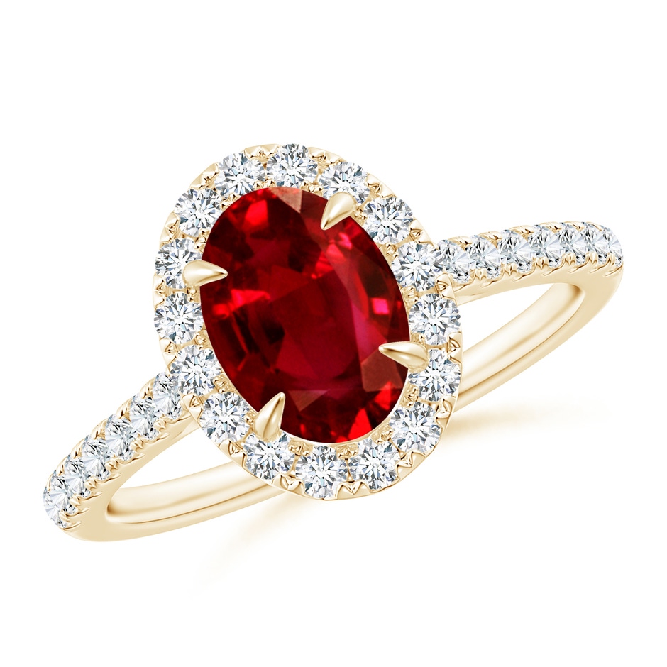 8x6mm Lab-Grown Oval Ruby Halo Engagement Ring in Yellow Gold 