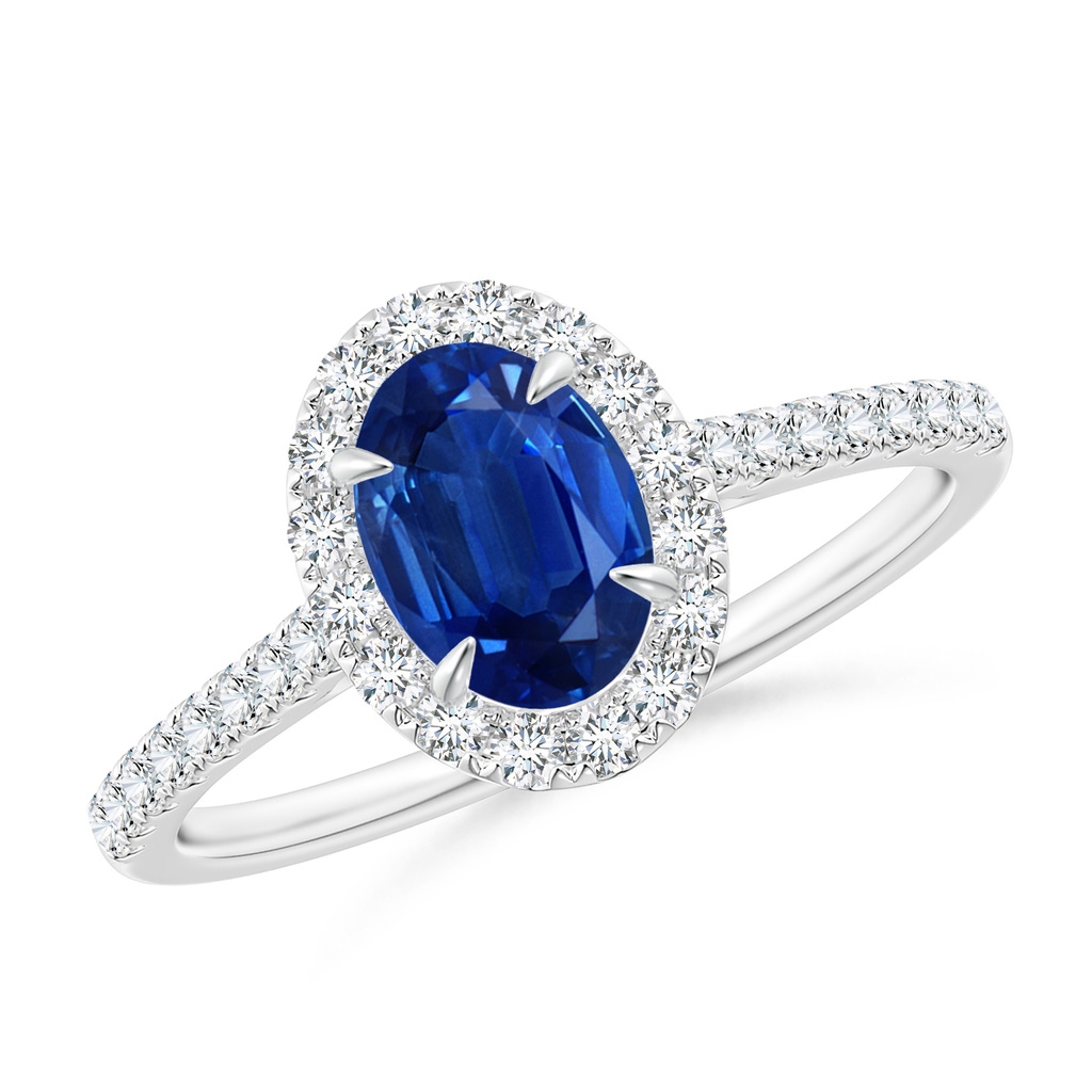 7x5mm AAA Oval Sapphire Halo Engagement Ring in White Gold