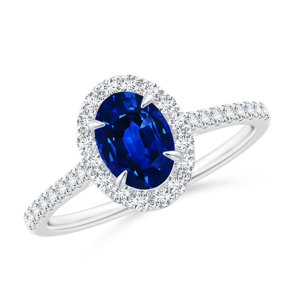 7x5mm Lab-Grown Oval Sapphire Halo Engagement Ring in White Gold