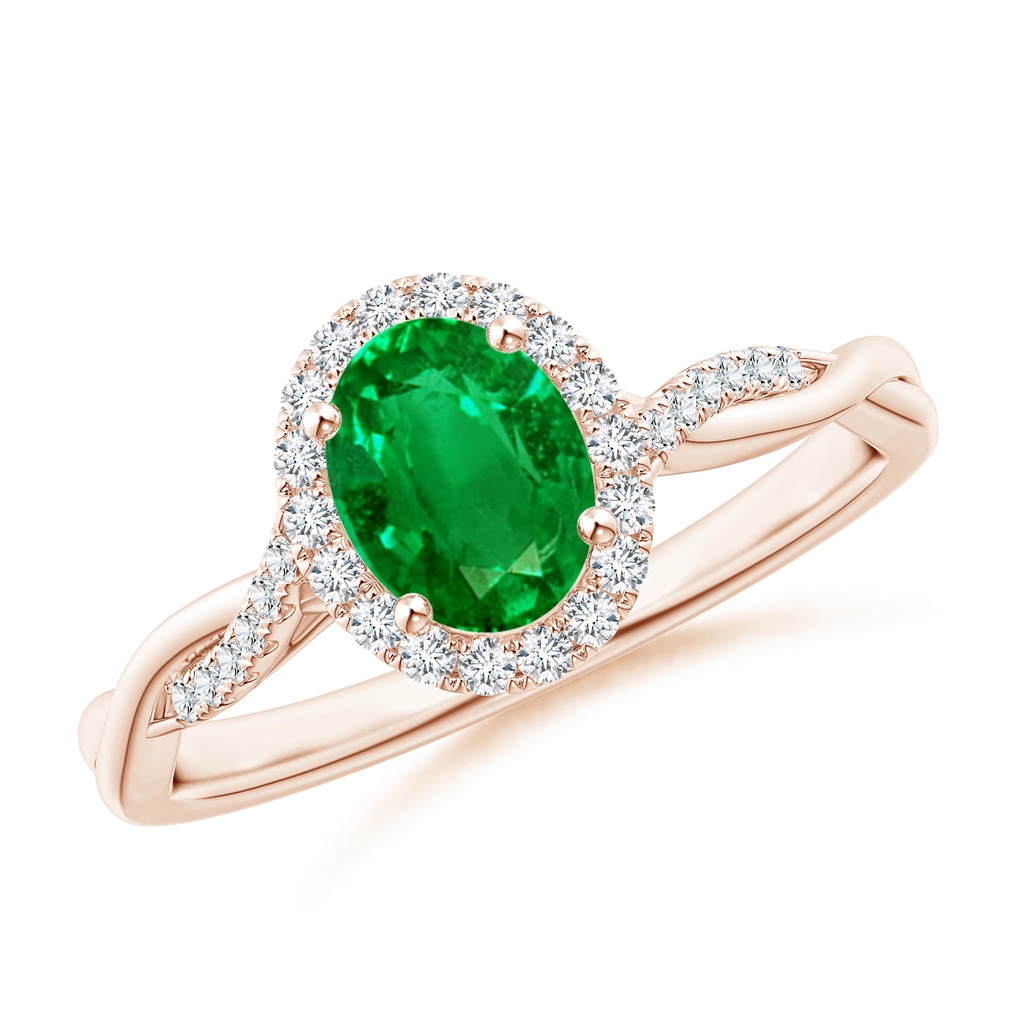 7x5mm AAAA Oval Emerald Halo Twisted Vine Ring in Rose Gold