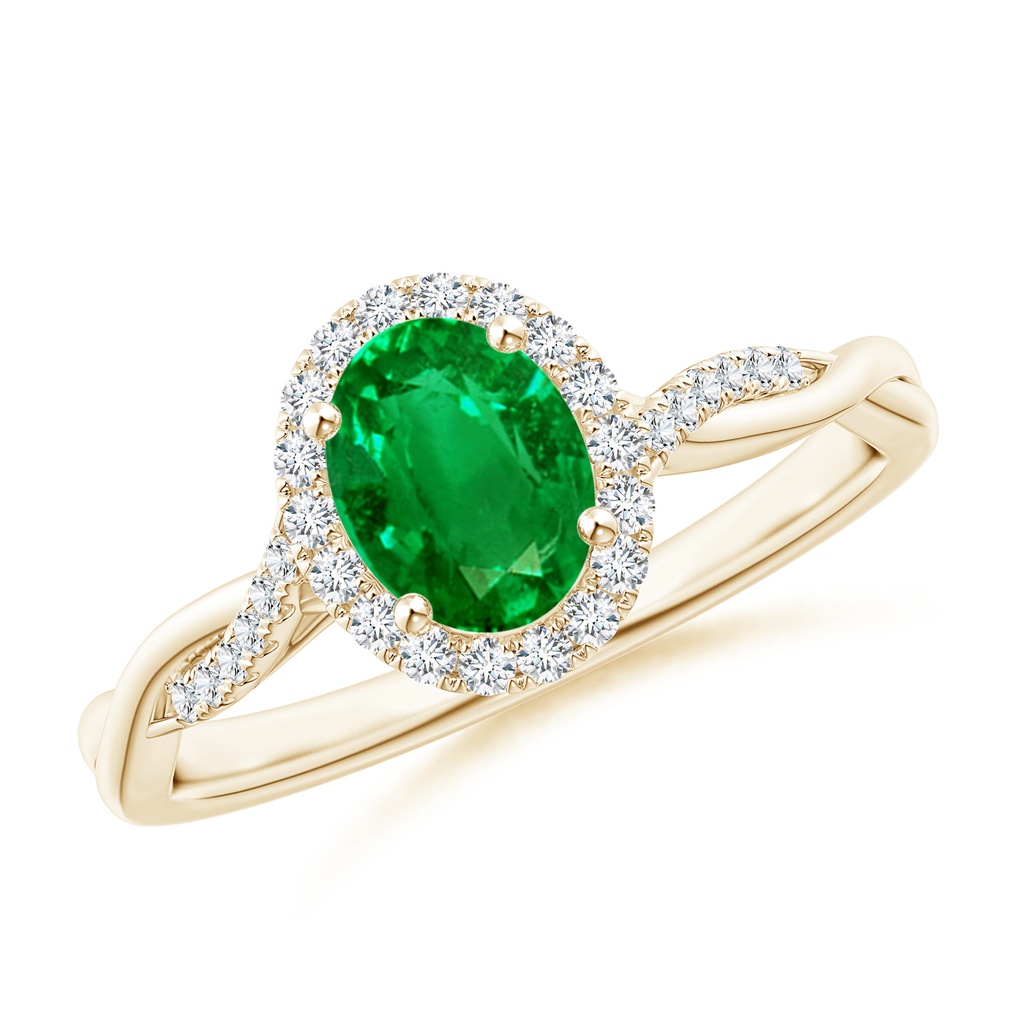 7x5mm AAAA Oval Emerald Halo Twisted Vine Ring in Yellow Gold