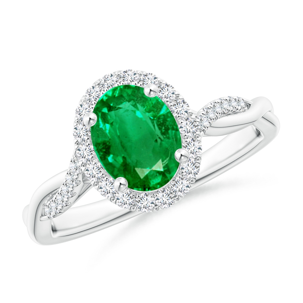 8x6mm AAA Oval Emerald Halo Twisted Vine Ring in White Gold