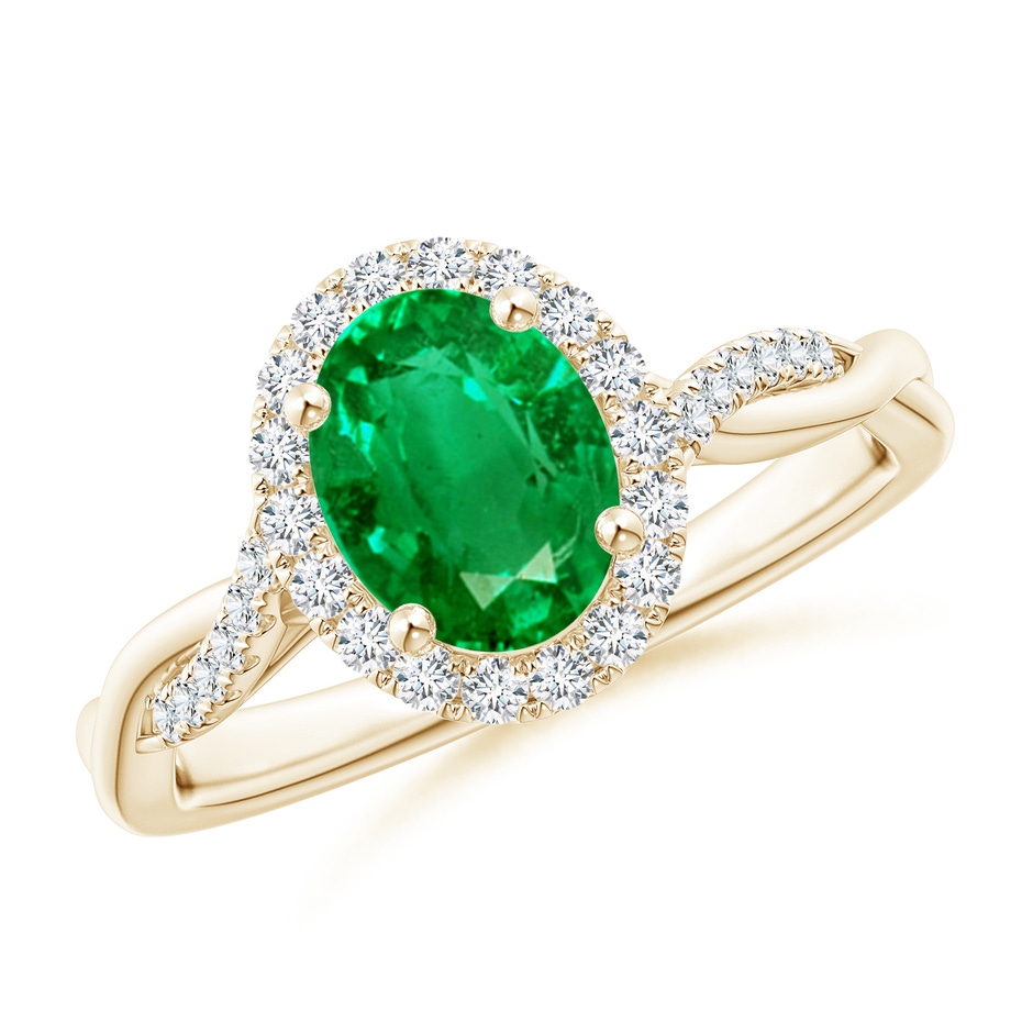 8x6mm AAA Oval Emerald Halo Twisted Vine Ring in Yellow Gold 