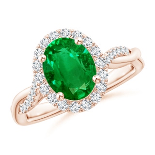 9x7mm AAAA Oval Emerald Halo Twisted Vine Ring in Rose Gold