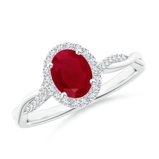 7x5mm AA Oval Ruby Halo Twisted Vine Ring in White Gold