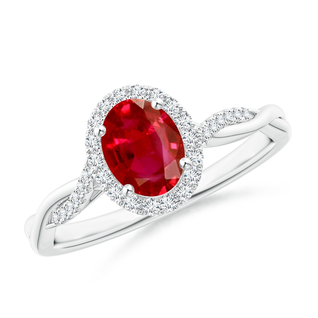 7x5mm AAA Oval Ruby Halo Twisted Vine Ring in White Gold