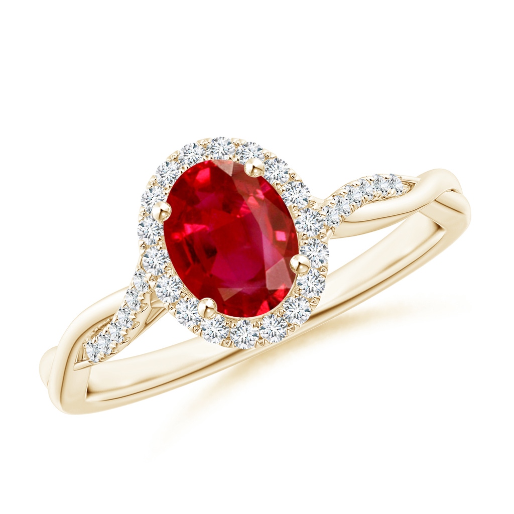 7x5mm AAA Oval Ruby Halo Twisted Vine Ring in Yellow Gold