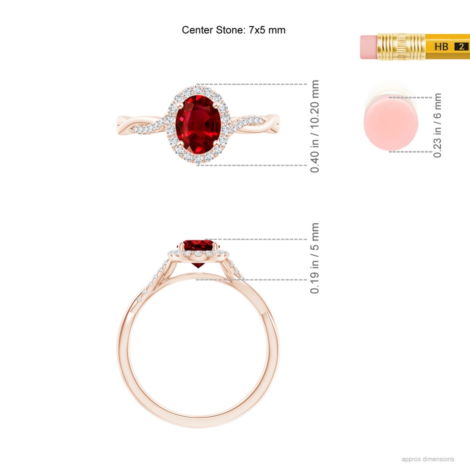 7x5mm Lab-Grown Oval Ruby Halo Twisted Vine Ring in Rose Gold ruler