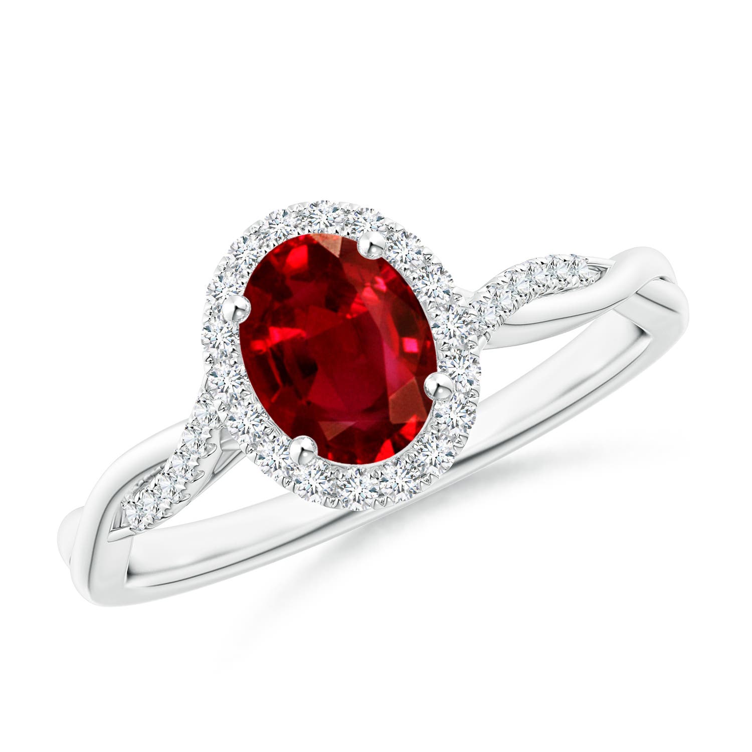 7x5mm AAAA Oval Ruby Halo Twisted Vine Ring in White Gold