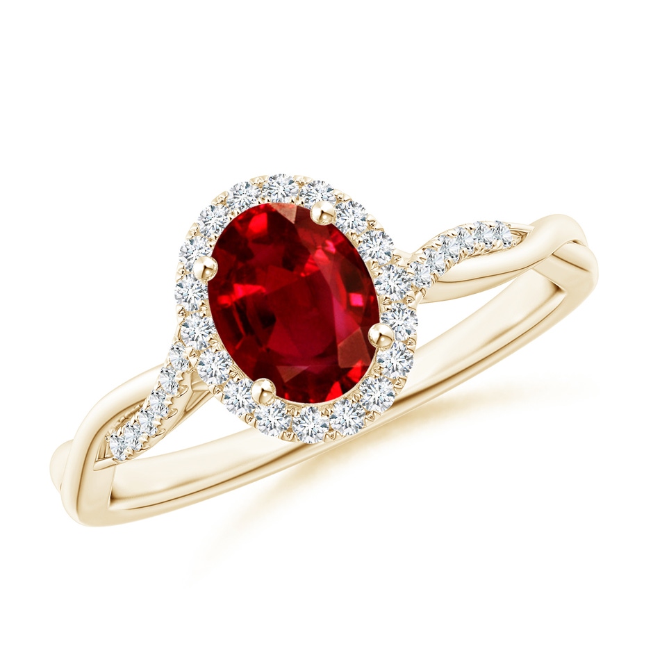 7x5mm Lab-Grown Oval Ruby Halo Twisted Vine Ring in Yellow Gold 