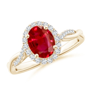 8x6mm AAA Oval Ruby Halo Twisted Vine Ring in Yellow Gold
