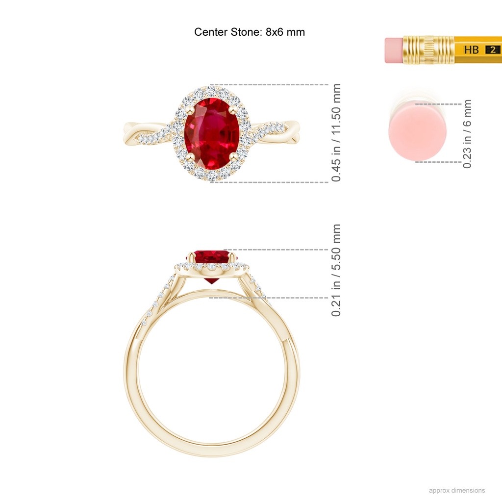 8x6mm AAA Oval Ruby Halo Twisted Vine Ring in Yellow Gold ruler
