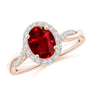 8x6mm AAAA Oval Ruby Halo Twisted Vine Ring in Rose Gold