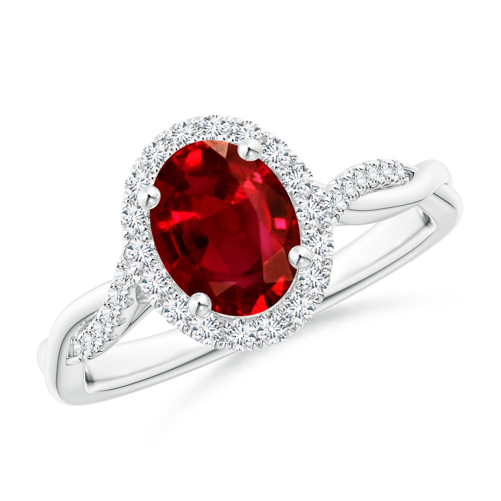 8x6mm Lab-Grown Oval Ruby Halo Twisted Vine Ring in White Gold